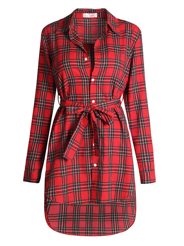 Women Casual Plaid Long Sleeve Shirt Dress