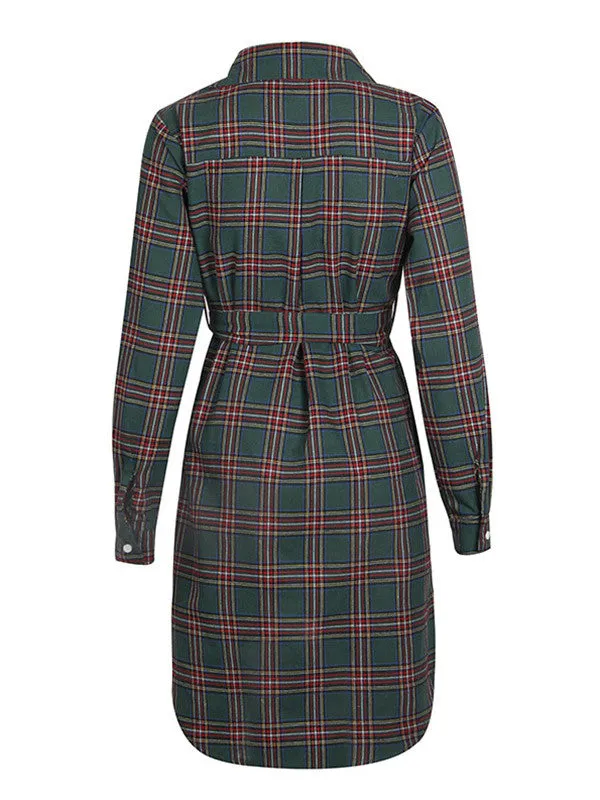 Women Casual Plaid Long Sleeve Shirt Dress